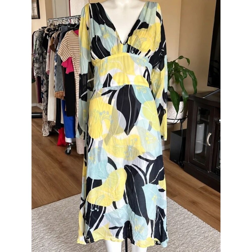 THE KOOPLES Hibiscus Floral V Neck Empire Waist Long Sleeve Midi Dress S